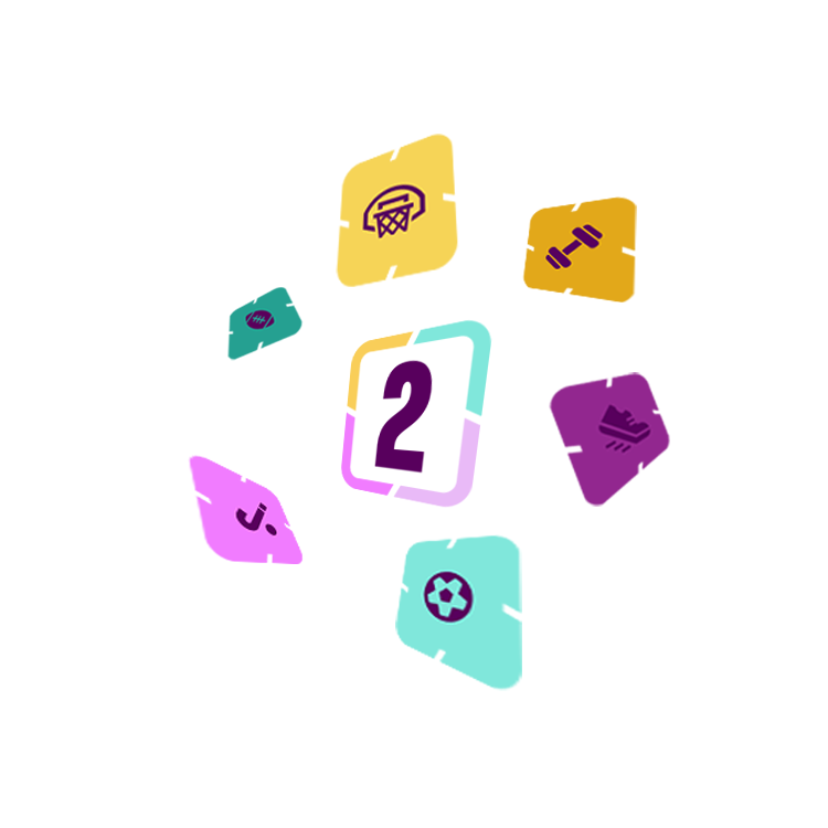 Connect2Sports-logo omringd door kleurrijke sporticonen zoals voetbal, basketbal, hardlopen, fitness en hockey op witte achtergrond.